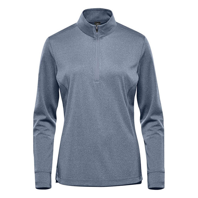 A women's 1/4 zip pullover in grey, featuring long sleeves and a branded logo.