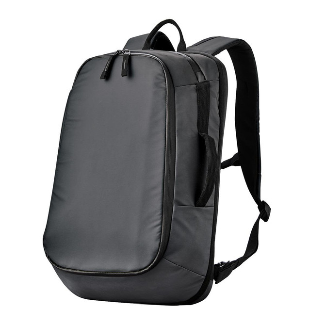 A dark grey backpack with a sleek design, featuring a zip closure and adjustable straps. It has a logo on the front.