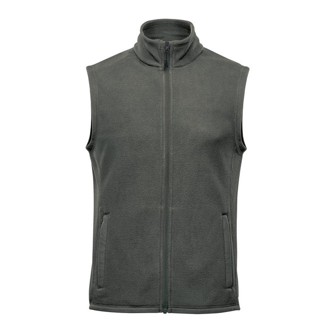 A green fleece vest with a high collar and a front zipper, featuring side pockets and a logo.