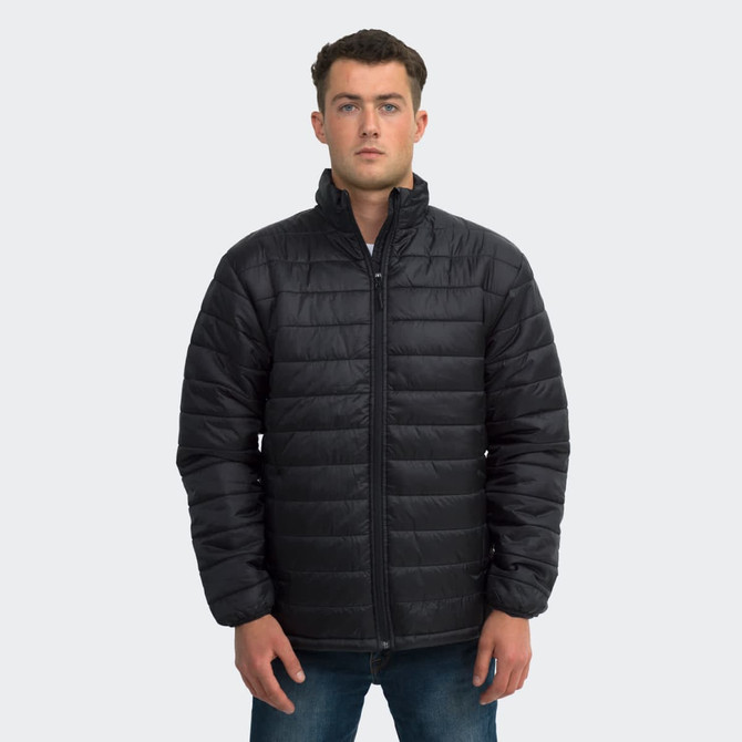 A black unisex puffer jacket with a zip front and long sleeves, featuring a logo on the chest.