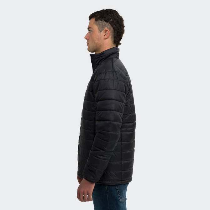 A puffer jacket in black worn by a man, featuring a high collar and a streamlined silhouette.