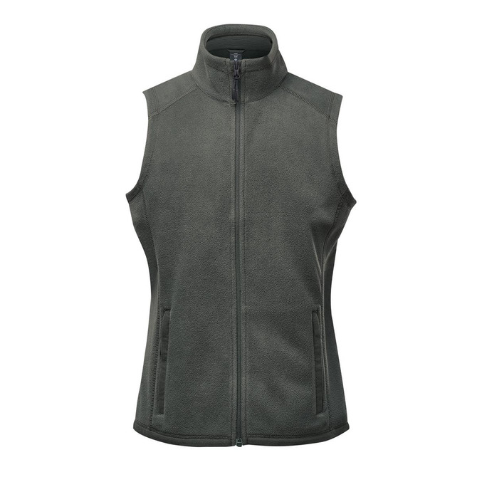 A women's fleece vest in a green hue, featuring a high collar and two side pockets. It includes a logo.