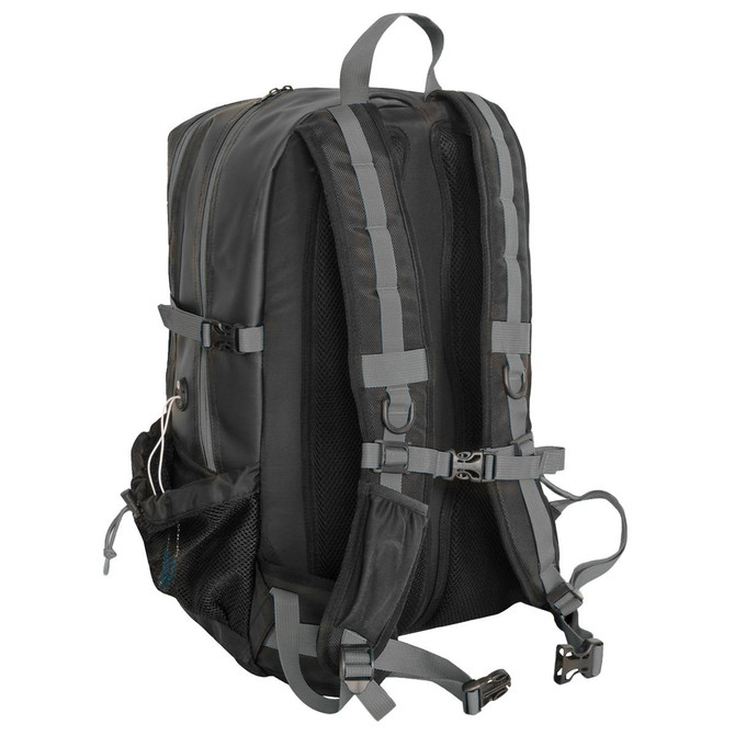 A black backpack with grey straps, featuring multiple compartments and a mesh side pocket. It has a logo on the front.
