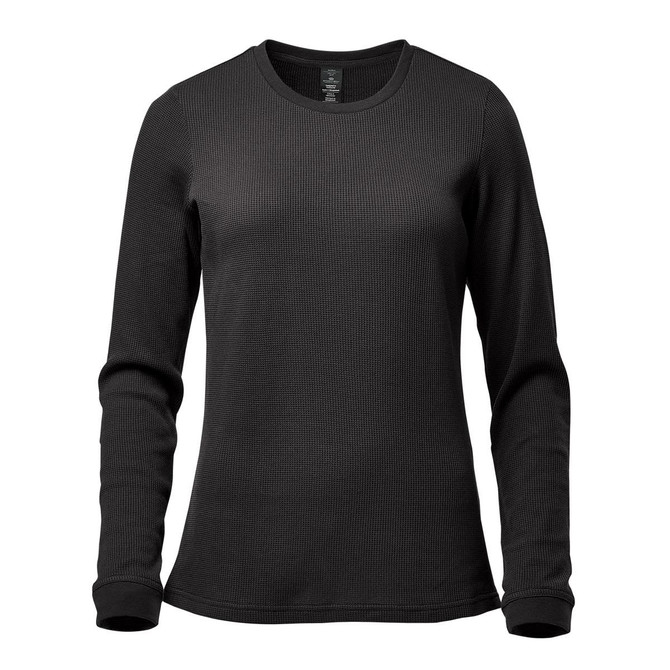 A long-sleeved women's crew neck shirt in black, featuring a textured fabric and a logo.