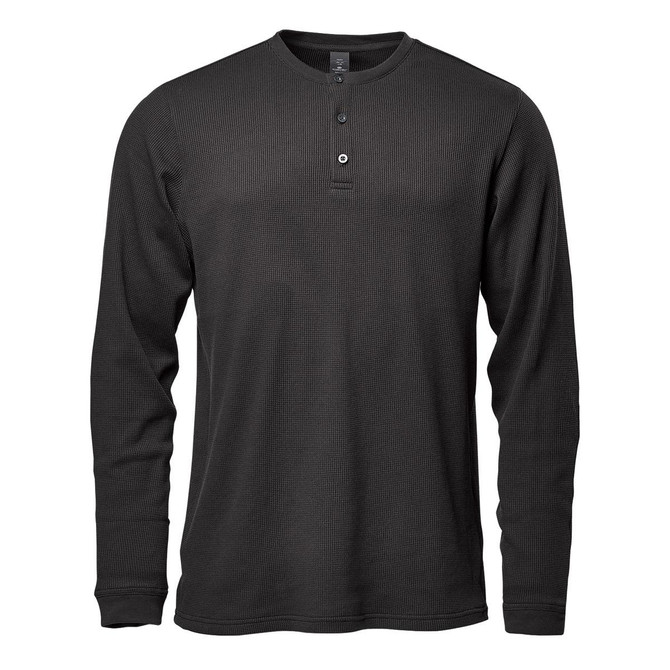 A black men's long-sleeve Henley shirt with a buttoned neckline and a textured finish. Features a logo.