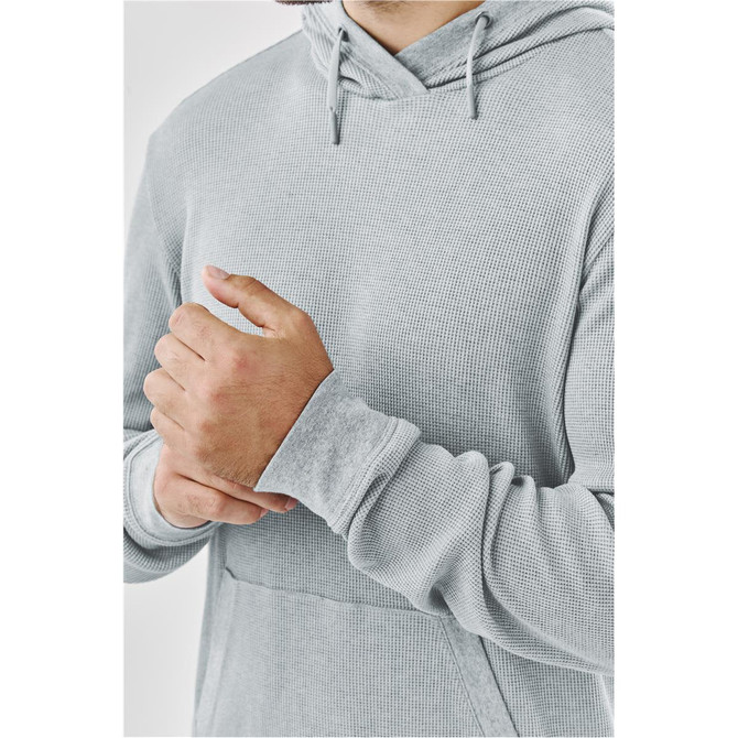 A Men's Ashburn Pullover Hoody in light grey with a textured fabric and a hood, featuring a front pocket.