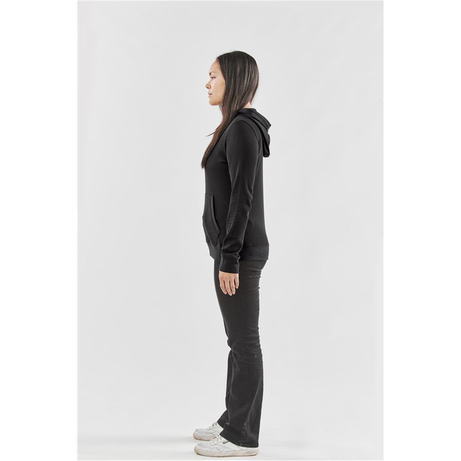 A black women's pullover hoodie with a hood and front pockets, displayed on a model in profile.