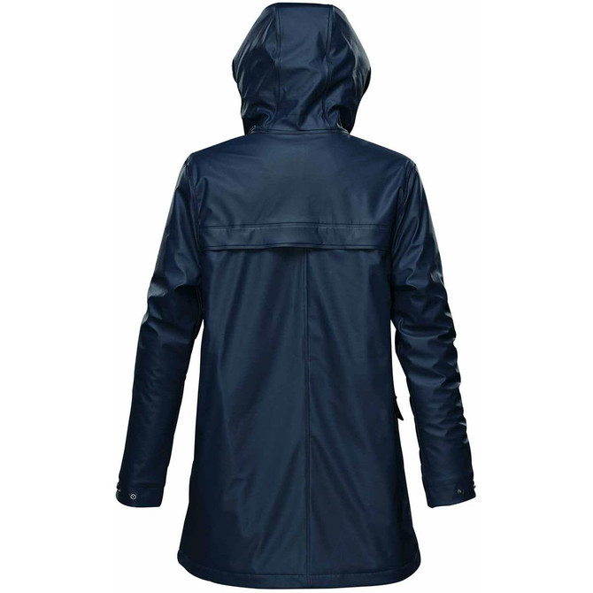 A navy women's insulated rain jacket with a hood, featuring a logo and long sleeves.