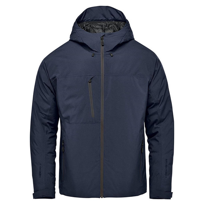 Men's Nostromo Thermal Shell jacket in navy blue, featuring a hood and zippered pockets, with a logo on the front.