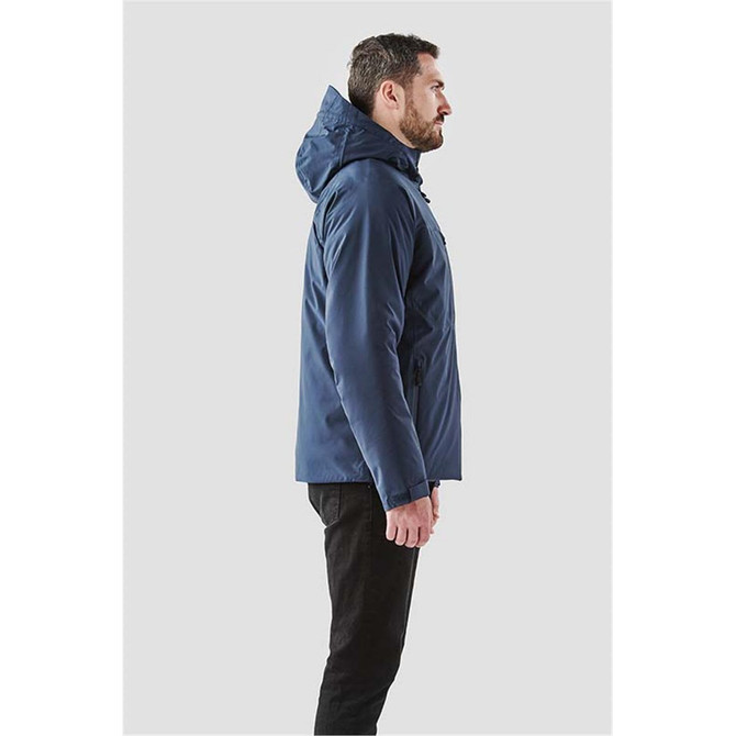 A navy blue men's jacket is displayed from the side, featuring a hood and a subtle logo.
