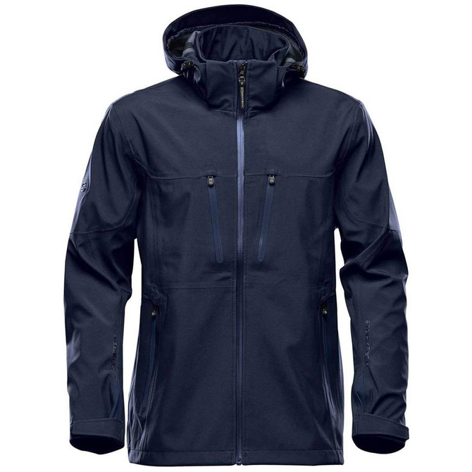 A navy blue Men's Patrol Softshell jacket featuring a hood, zippered pockets, and a logo on the sleeve.