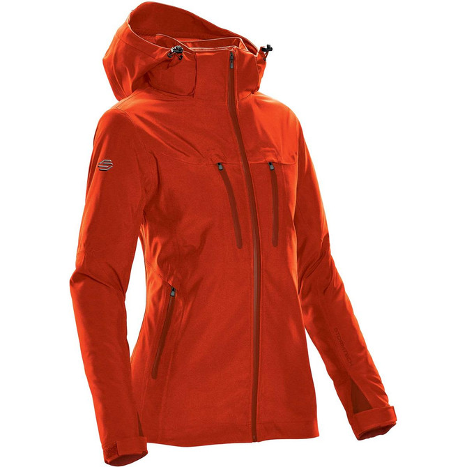 A women's jacket in vibrant orange, featuring a hood, zippered pockets, and a logo on the sleeve.
