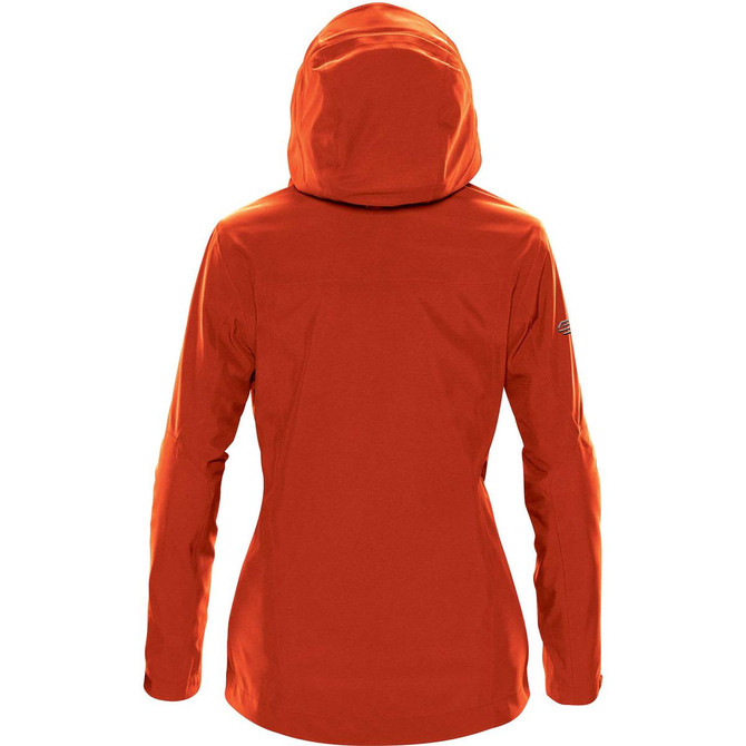 A vibrant orange women's jacket featuring a hood and a logo on the sleeve, viewed from the back.