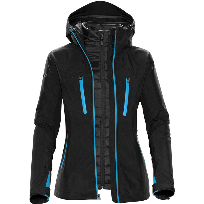 A women's jacket in black with blue accents, featuring a hood and multiple zippered pockets.
