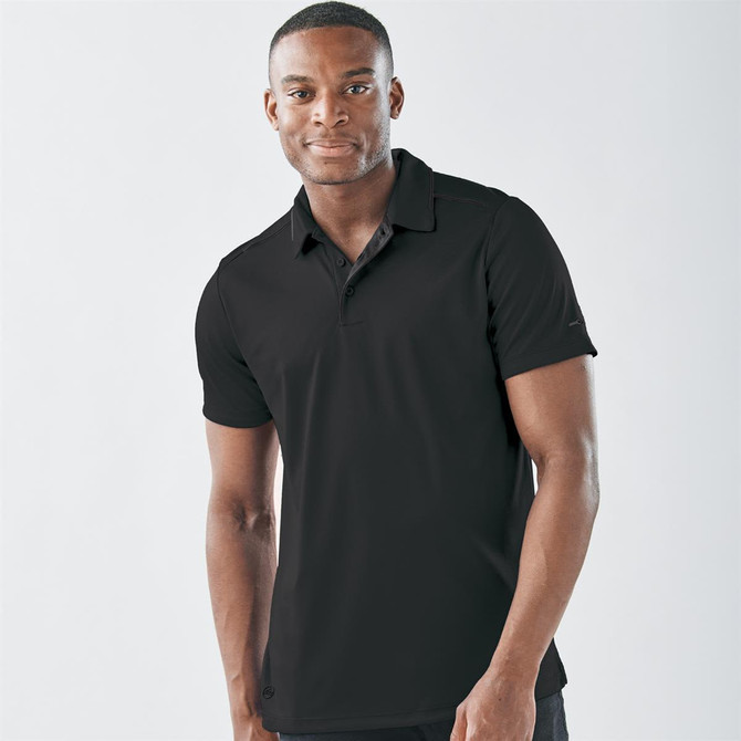 A black men's polo shirt with a collar and short sleeves, featuring a logo on the chest.