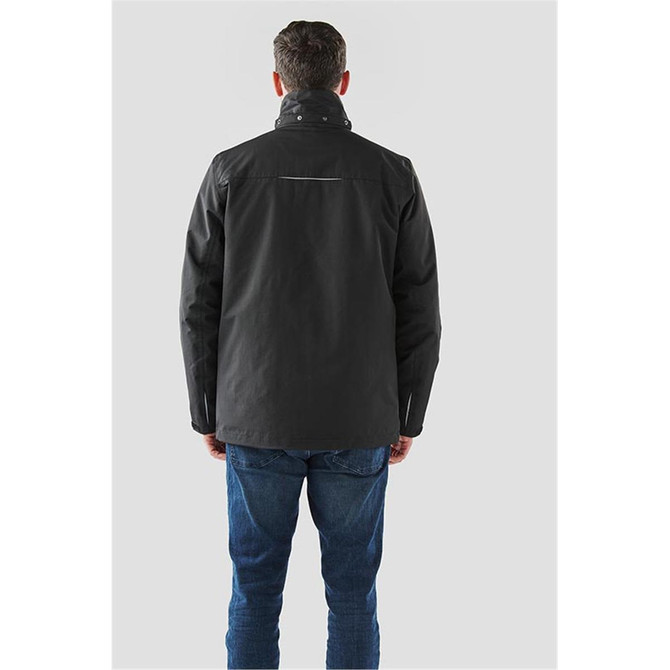 A black men's jacket displayed from the back, featuring a collar and a logo on the upper back.