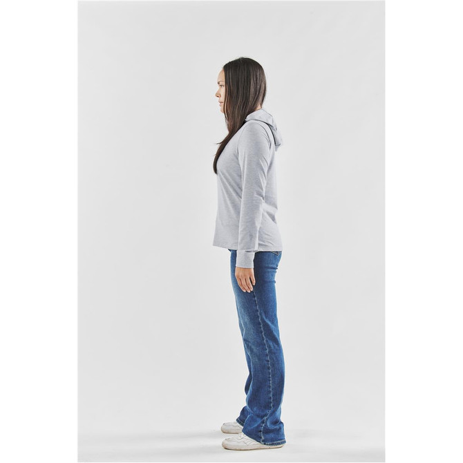 A grey women's pullover hoody with a hood, shown on a model from the side, paired with blue jeans.