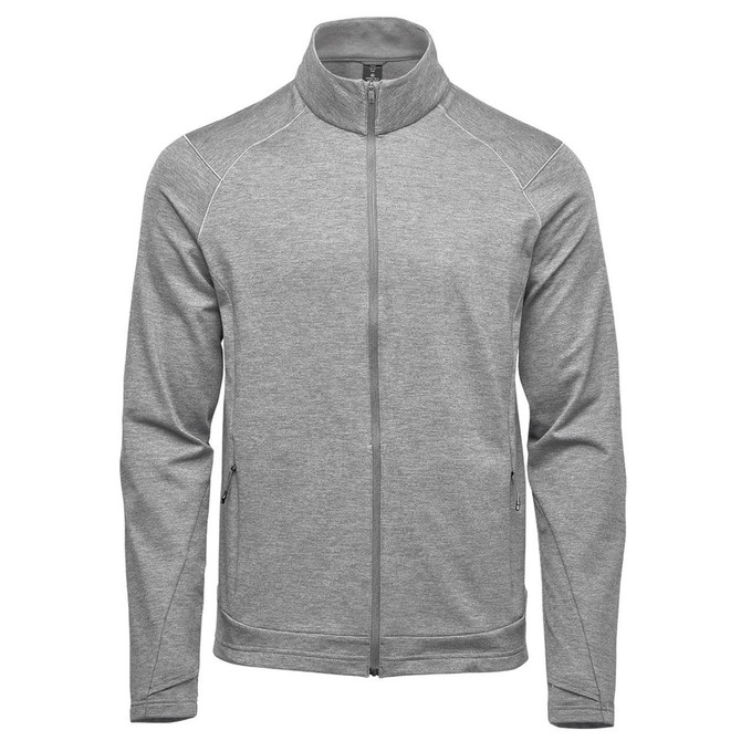 A grey men's performance jacket with a zip front and stand-up collar, featuring side pockets and a logo.