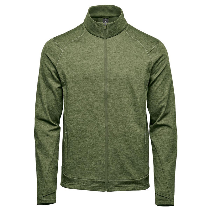 A green men's performance jacket with a zip front and high collar, featuring a logo on the chest.