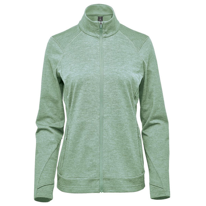 A green women's performance jacket with a high collar and zip closure, featuring side pockets and a logo.