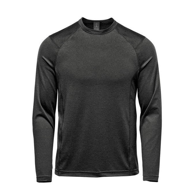 A long-sleeve crew neck shirt in dark grey with a logo on the front.