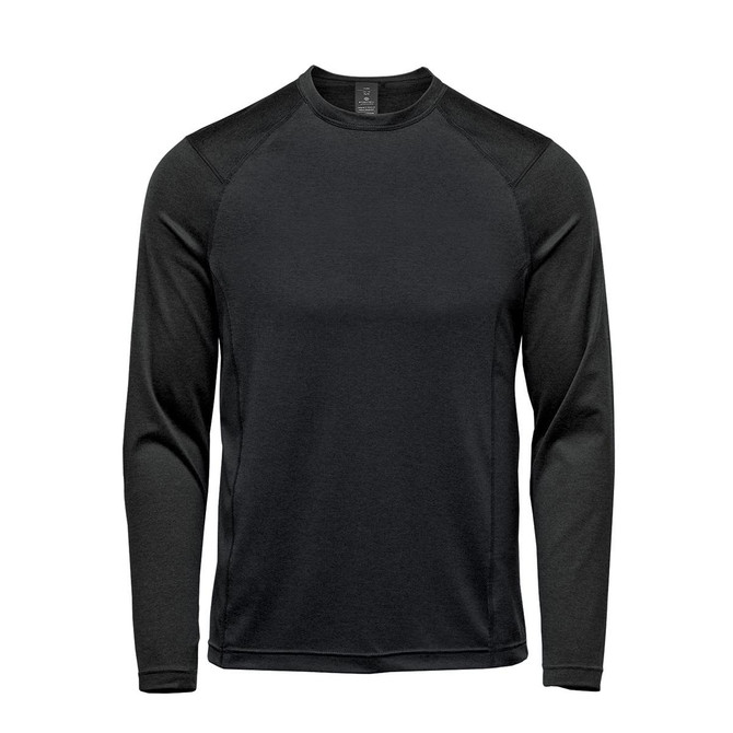 A long-sleeve crew neck shirt in dark green with contrasting sleeves. The shirt features a logo.