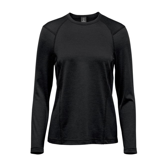 A women's long sleeve crew neck shirt in black with a simple design and a subtle logo.