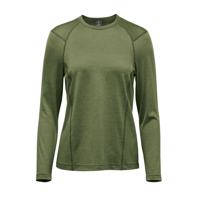 A long-sleeve crew neck shirt in green with a sleek design and a logo.