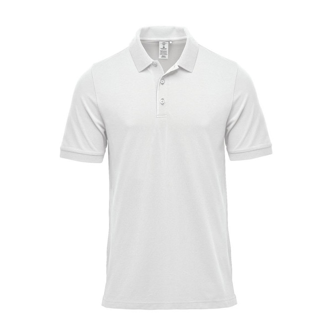 A white men's polo shirt featuring a collar, short sleeves, and a branded label.