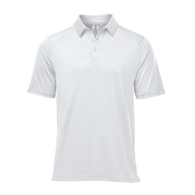 A white polo shirt with a collar and short sleeves, featuring a logo. Suitable for casual or semi-formal wear.