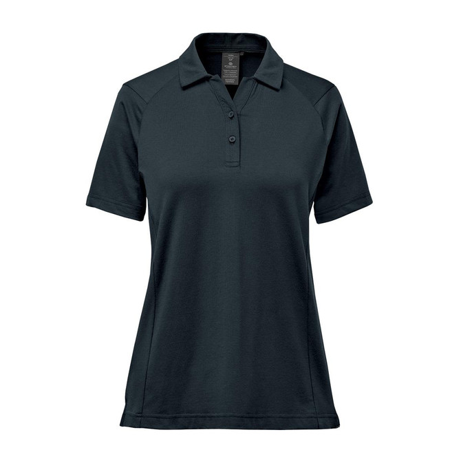 A women's polo shirt in dark green with a buttoned collar and short raglan sleeves, featuring a logo.