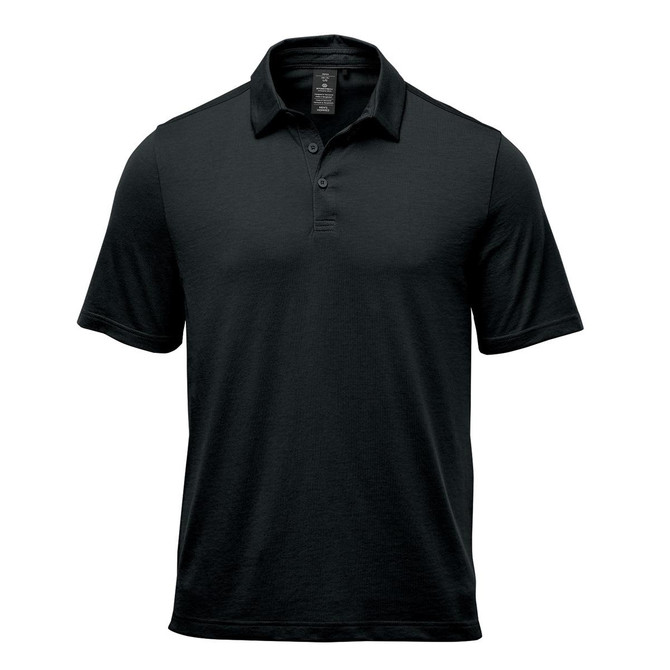 A black polo shirt with short sleeves, featuring a collar and an embroidered logo.