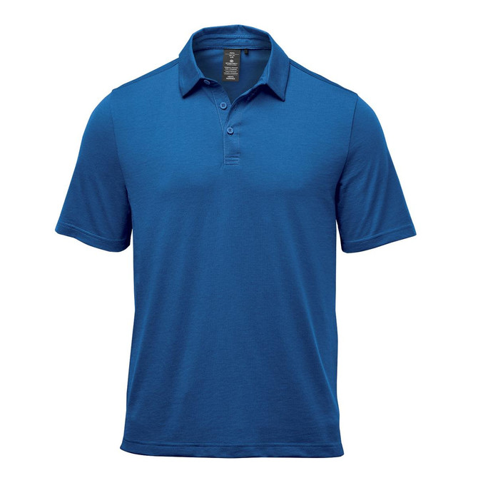 A blue polo shirt featuring a collar, short sleeves, and a three-button placket. It has a logo on the chest.
