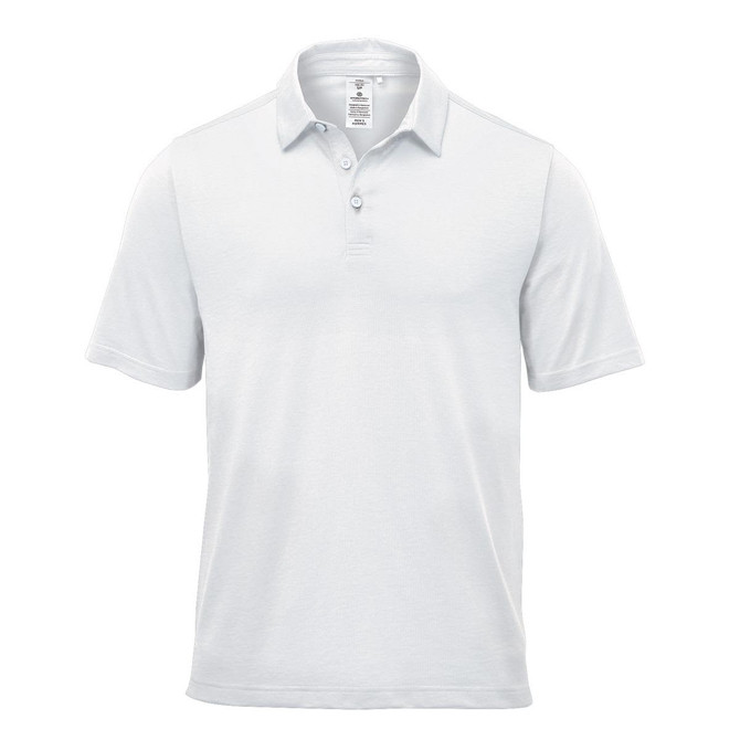 A light grey men's polo shirt featuring a collar and a logo on the chest.
