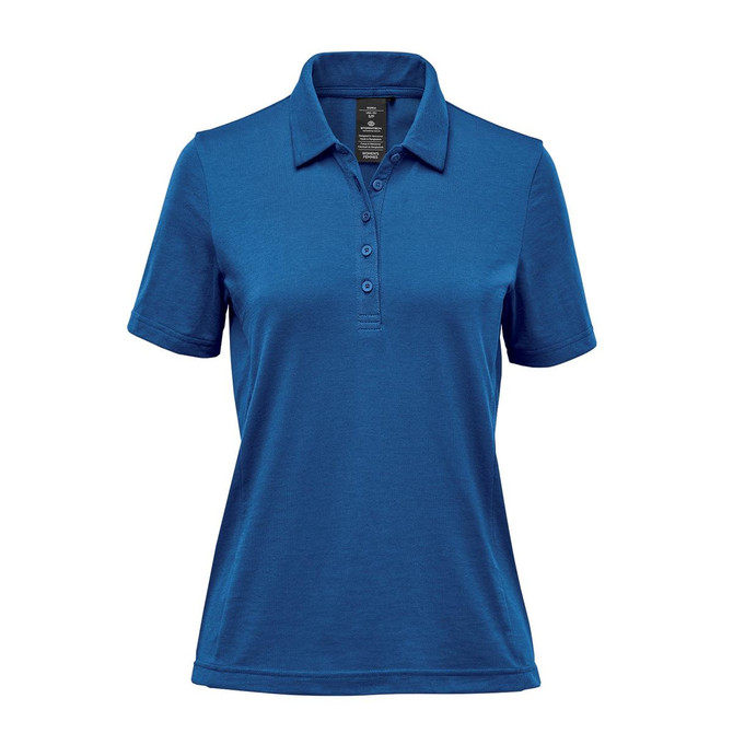 A blue women's polo shirt with a collar, featuring a logo and designed for casual wear.