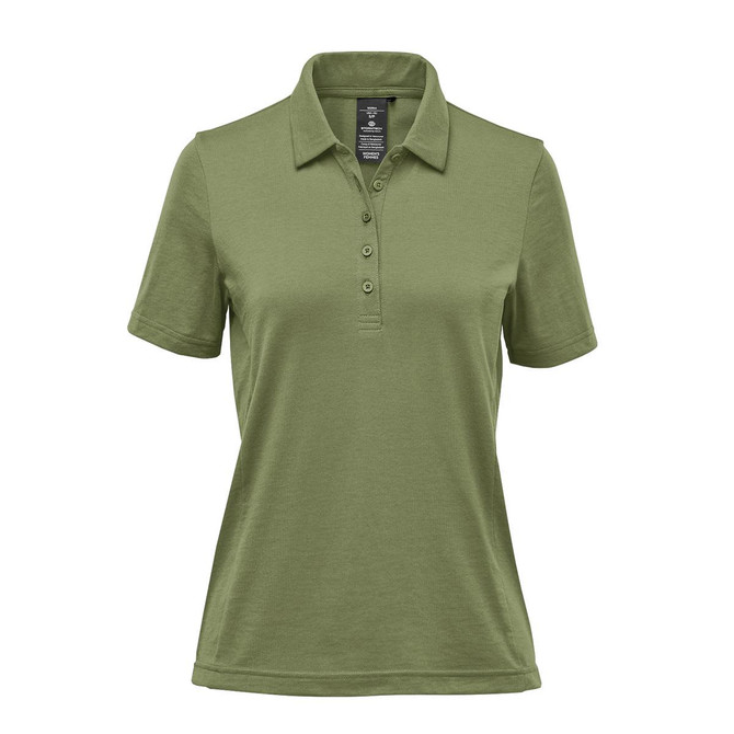 A women's polo shirt in a green hue featuring a collar and button placket, with a logo on the chest.
