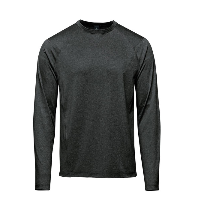 A long-sleeve men's t-shirt in dark green with a round neckline and a logo on the front.