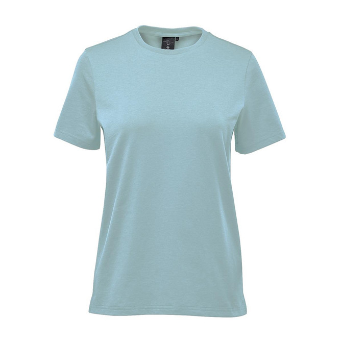 A light blue women's t-shirt with short sleeves and a tag, featuring a logo on the label.