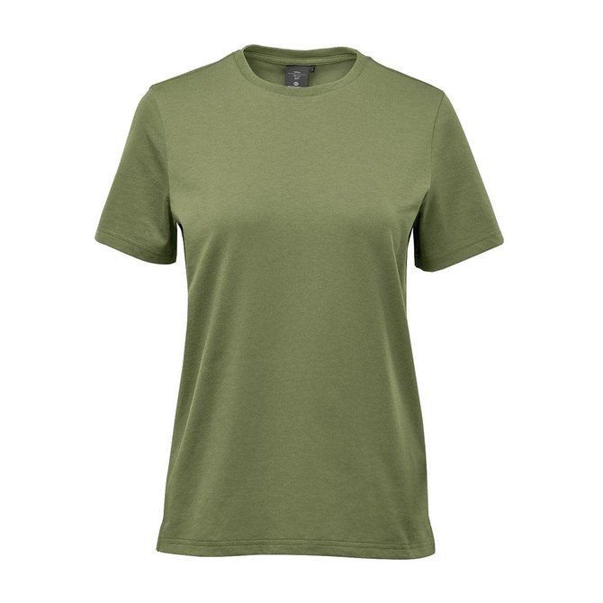 A women's T-shirt in olive green with a classic crew neckline and short sleeves, featuring a logo.
