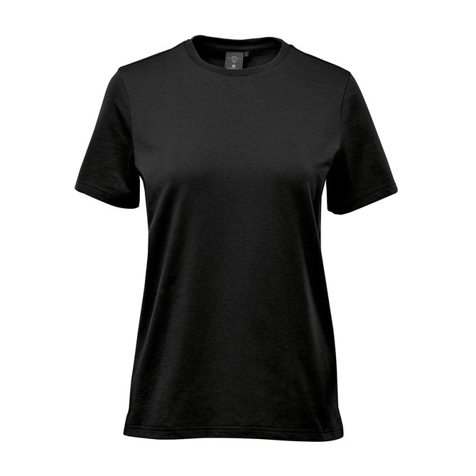 A black women's T-shirt featuring short sleeves and a classic crew neck, with a logo on the label.