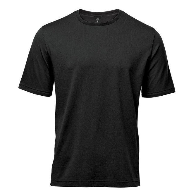 A black men's T-shirt featuring short sleeves and a simple design, with a logo on the front.