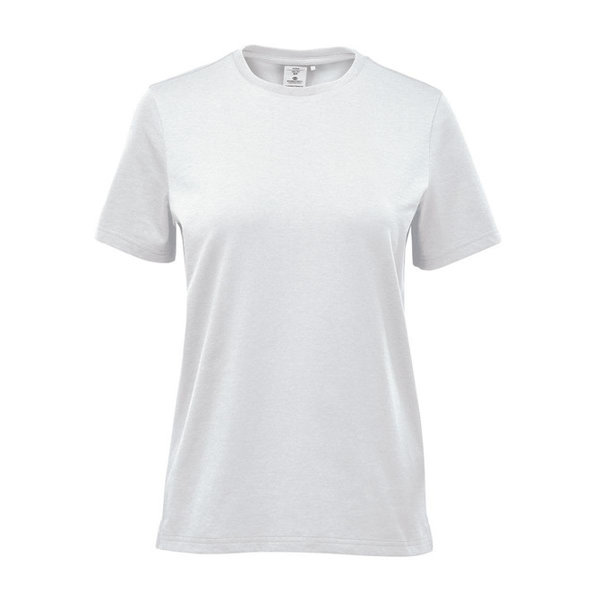 A white women's t-shirt with short sleeves and a branding label.