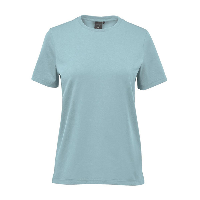 A light blue women's t-shirt with short sleeves and a round neckline. It features a brand logo on the tag.