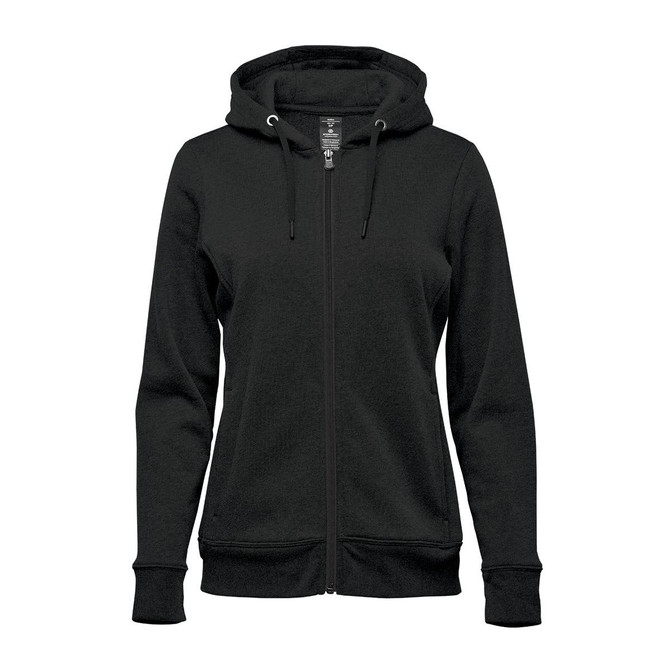 A black women's fleece full zip hoody featuring a hood and front pockets, with a logo on it.