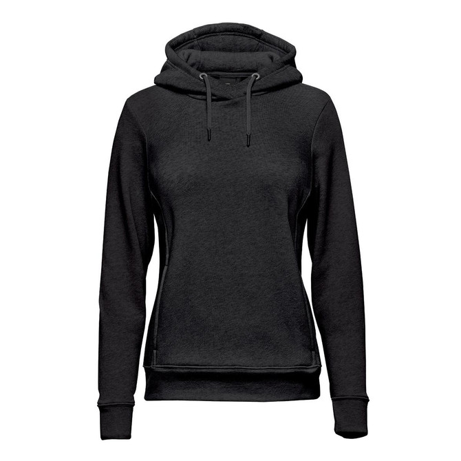 A women's black fleece pullover hoody with a hoodie, drawstring, and a logo. Features a stylish, comfortable design.
