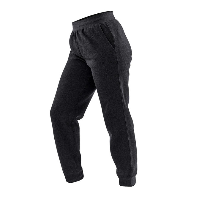 A pair of black fleece jogger pants featuring a relaxed fit and side pockets, with an elasticated waistband.
