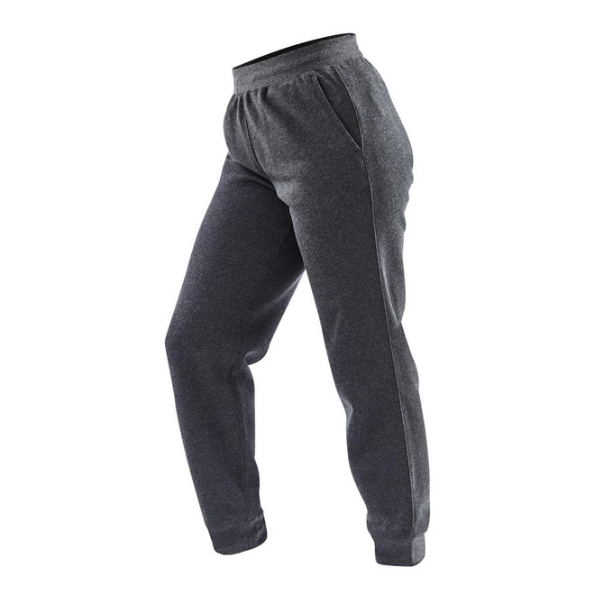 A pair of women's joggers in dark grey fleece, featuring a relaxed fit and side pockets. Branding is present.
