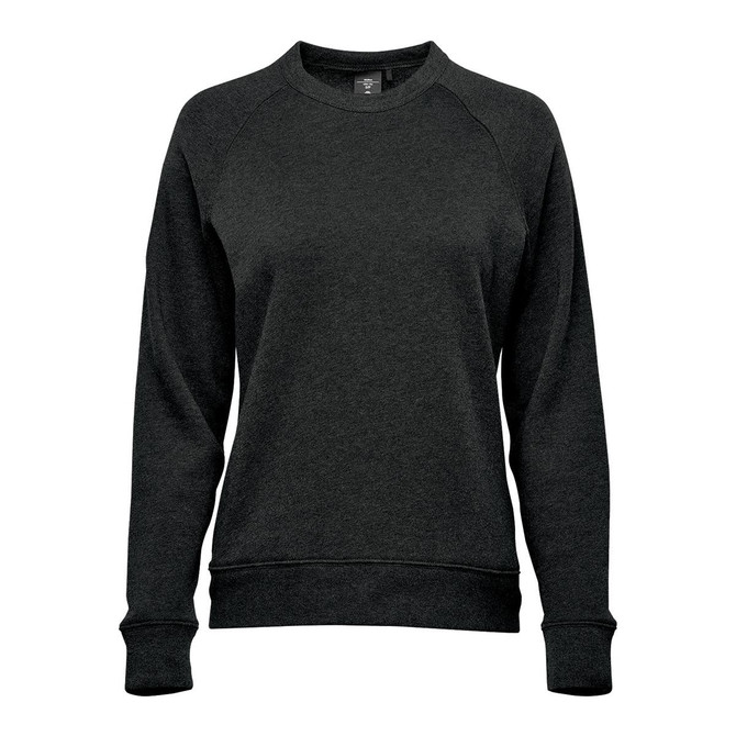 A dark green women's fleece crew neck jumper with a relaxed fit and long sleeves. It has a logo.