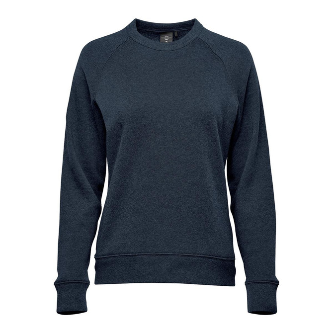 A dark navy women's fleece crew neck jumper with a simple design and ribbed cuffs and hem. It features a logo.