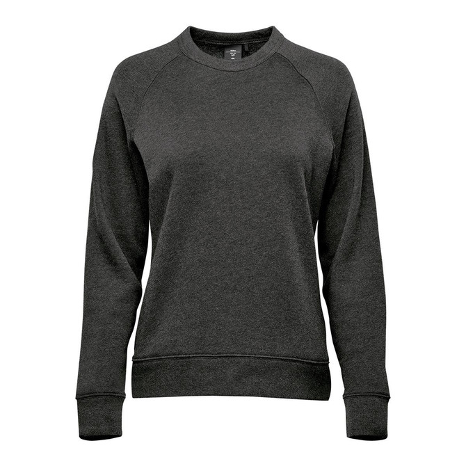 A women's crew neck jumper in dark grey fleece, featuring a simple design and a small logo.